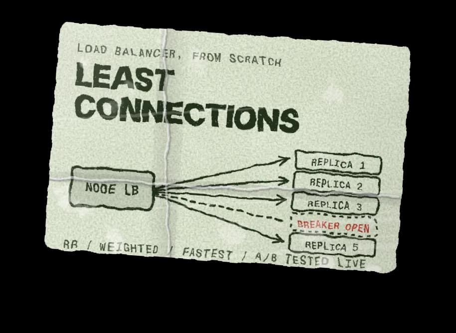 A black label, Least connections: a load balancer written from scratch in Node spreads requests over five replicas and skips the one whose breaker is open