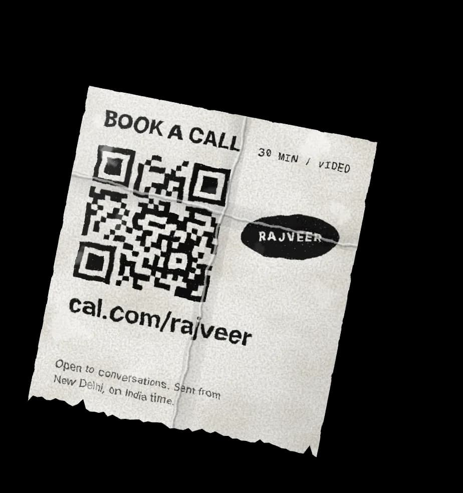 A tag to book a call at cal.com/rajveer, with a QR code