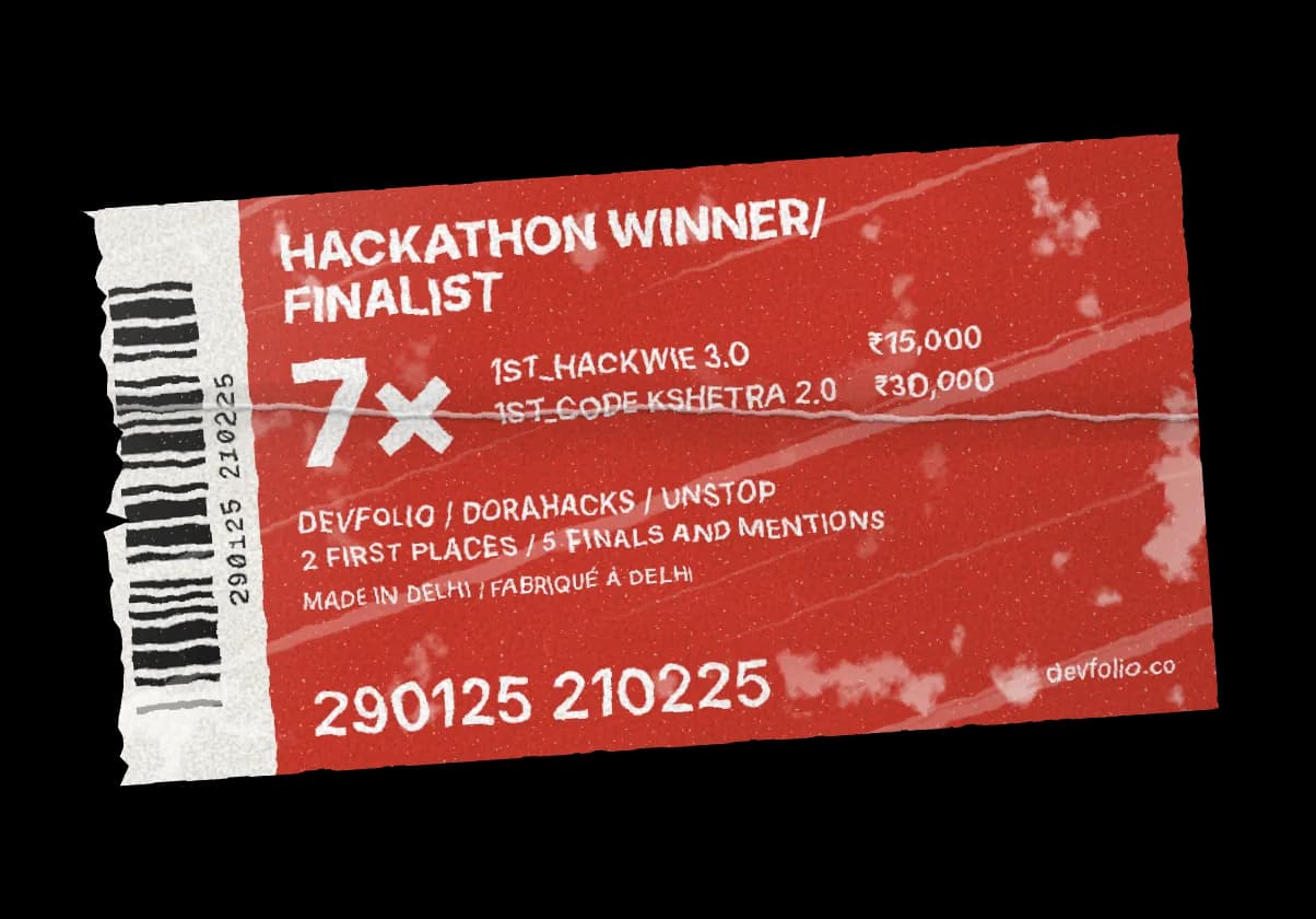 A red label: 7× hackathon winner or finalist, first at HackWIE 3.0 and Code Kshetra 2.0