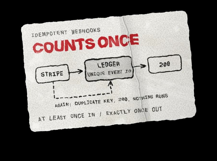 A worn label, Counts once: a Stripe webhook is written to a ledger under a unique event id first, so a repeat gets a 200 and nothing runs twice