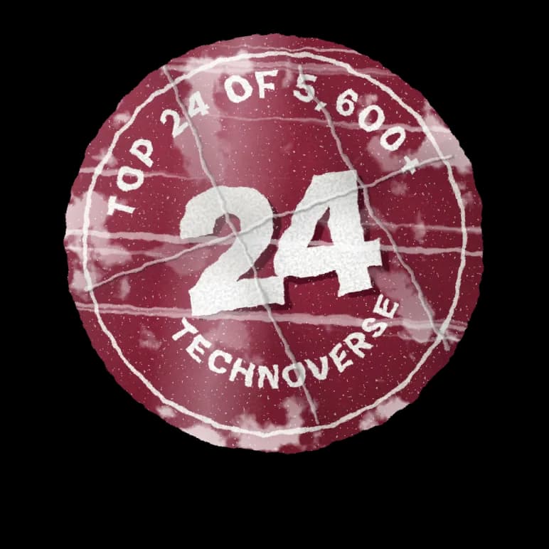 A worn round price sticker: top 24 of 5,600+ teams, finalist at Cognizant Technoverse 2.0