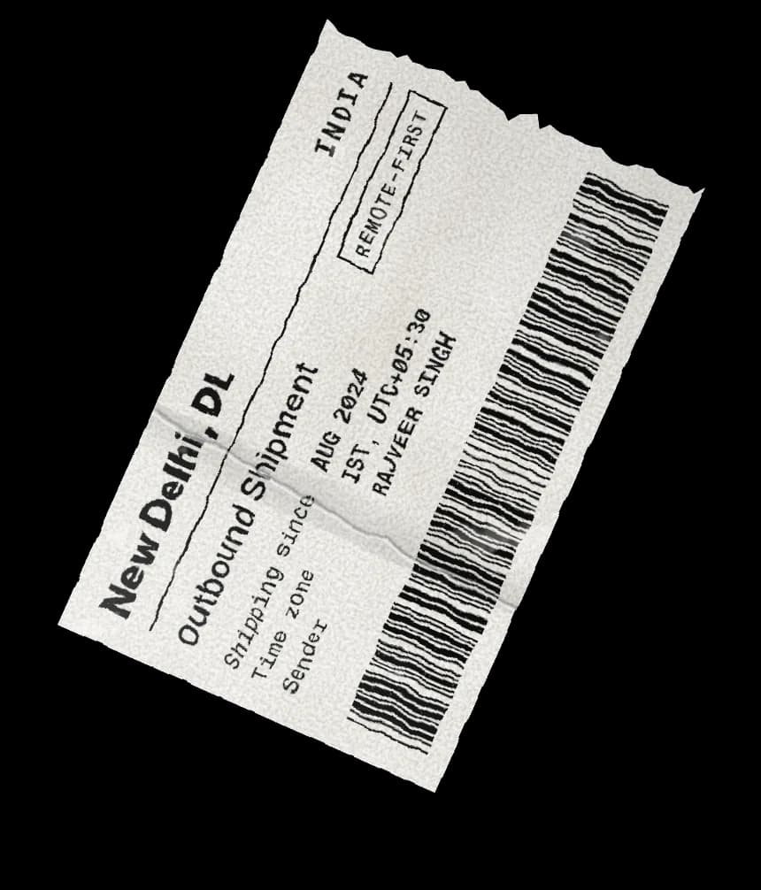 A shipping label from New Delhi, India: shipping since August 2024, remote-first